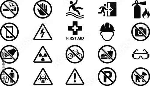 Obraz na płótnie Public warning and safety prohibition signs black silhouettes vector icons set