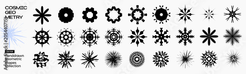 Bild auf Leinwand Geometric shapes and snowflake-like ornaments, abstract symmetrical patterns in black and white, digital art collection