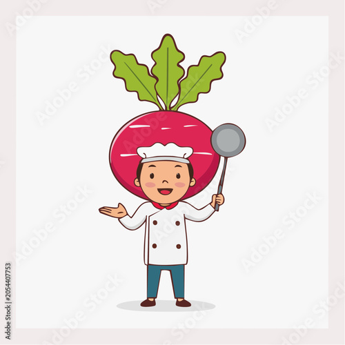 Cartoon Chef with Radish Head Holding Ladle