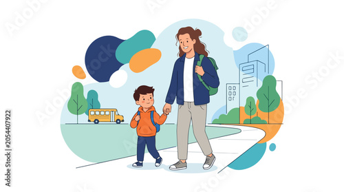 Illustration of a woman and a child walking on a sidewalk with a school bus and cityscape in the background.