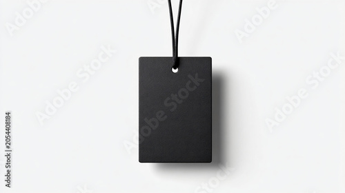Minimalist black fabric luggage tag hanging on black cord for travel accessories