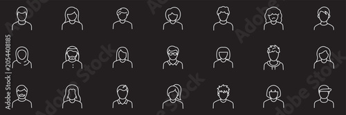 People avatar line icons. Vector illustration included icon as man, female, Muslim, senior, adult and young human outline pictogram for user profile. Linear icon collection. Editable stroke. 