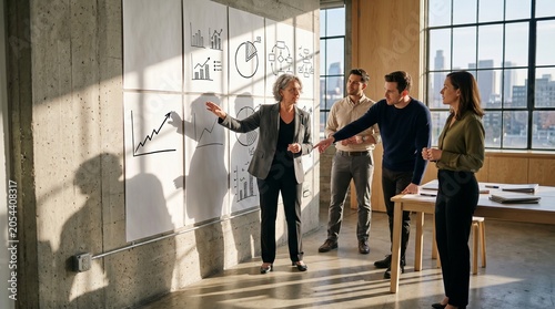 Female executive leading team workshop with sharp sunlight office shadows