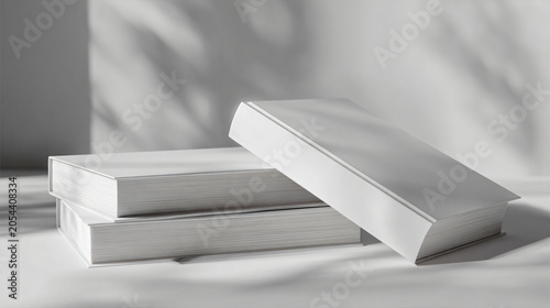 Minimalist White Hardcover Books Stacked Open on Soft Fabric Surface