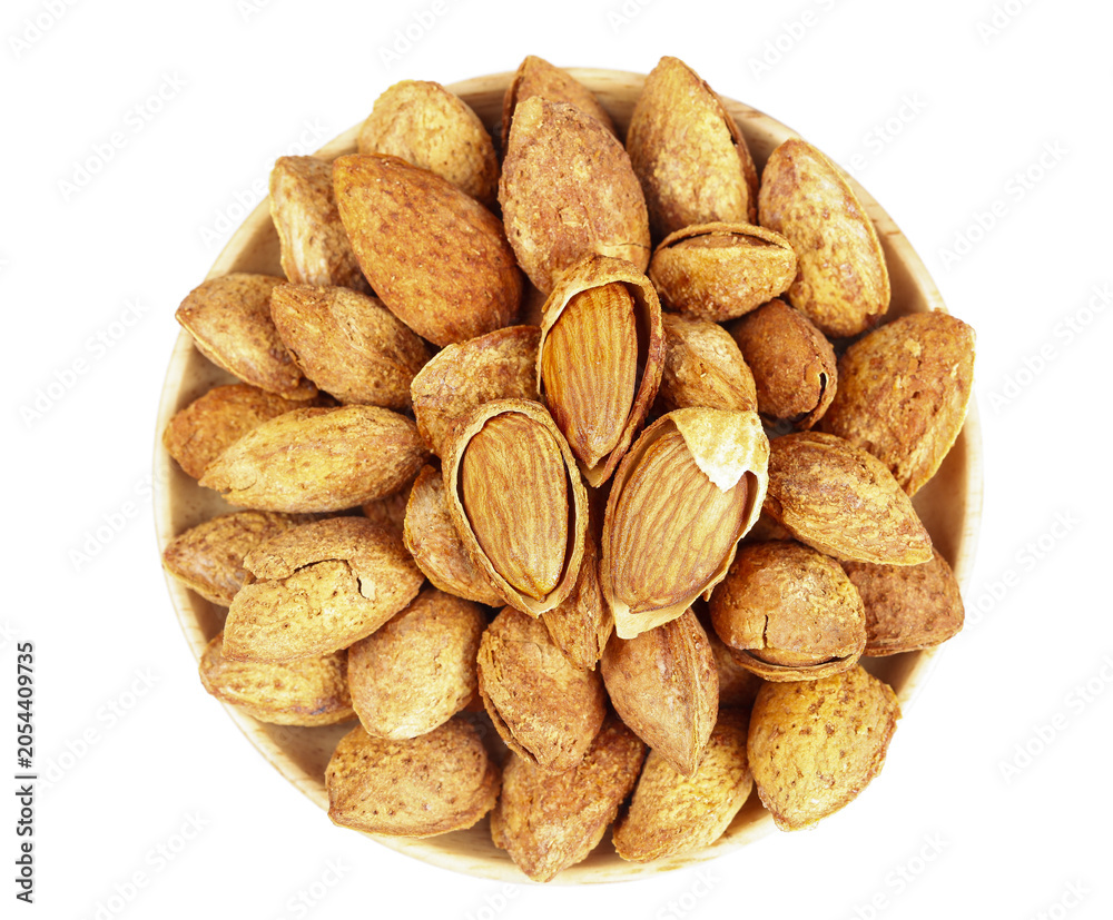 Obraz premium Fresh Almonds in Shell and Peeled Nuts Bowl - Healthy Organic Snack Food