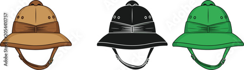 Foto Set of three pith helmets in brown, black, and green colors for explorer fashion