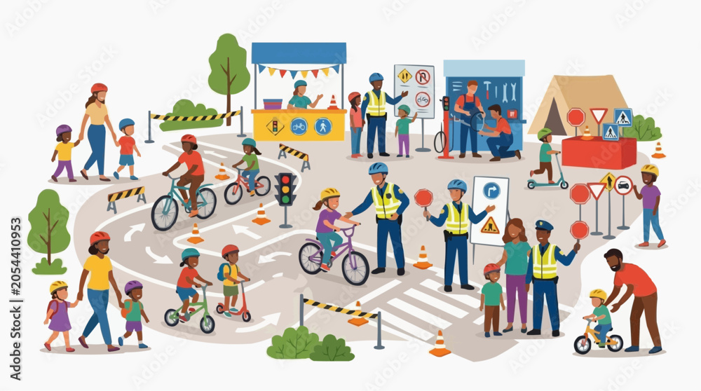 Fototapeta premium Community event to raise awareness about road safety and promote responsible behavior on the road. Flat 2D vector illustration, white background.