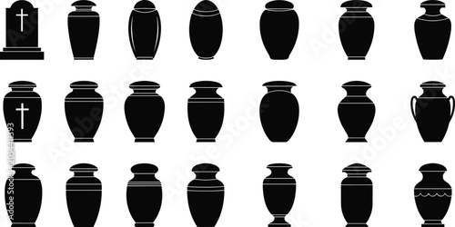 Εκτύπωση καμβά Black silhouette cremation urns and gravestone illustration showing traditional