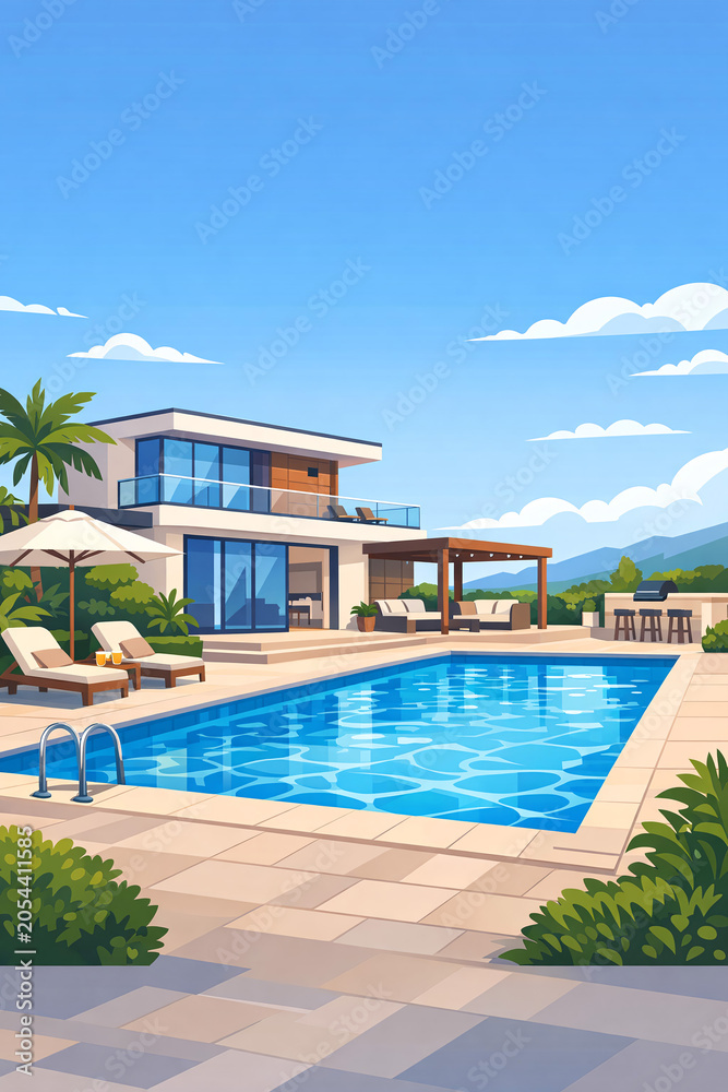 Fototapeta premium Stylish house and pool complex on a clear day