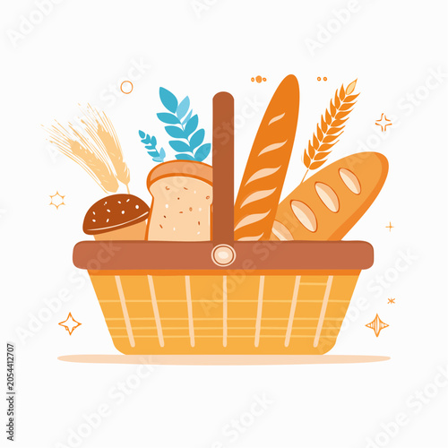 Basket of Freshly Baked Bread and Wheat Ears