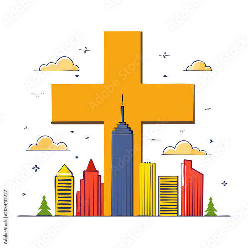 Cross and Cityscape Graphic Illustration