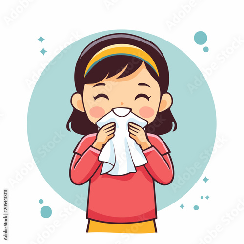 Cartoon Girl Sneezing or Coughing into Tissue