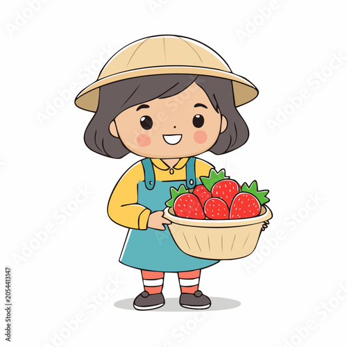 Cute Cartoon Girl Holding Basket of Strawberries