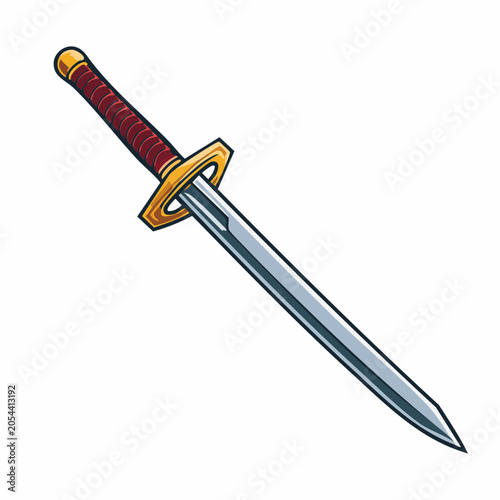 Illustration of a stylized sword with a gold hilt and red grip