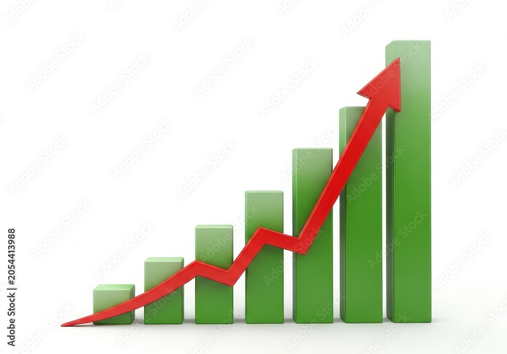 Obraz premium 3D render of a green bar chart with a red arrow pointing upwards indicating growth and business success