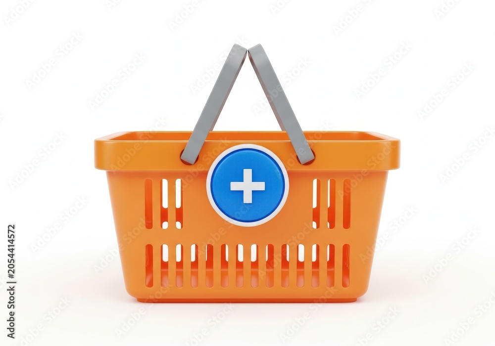 Fototapeta premium Orange plastic shopping basket with blue plus sign icon isolated on white for ecommerce retail web