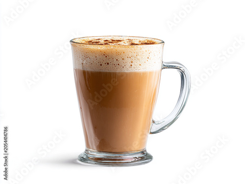 A minimalist, photorealistic studio product photograph of a classic glass of frothy Malaysian teh tarik, beautifully isolated against a clean, crisp white background with high-key lighting.