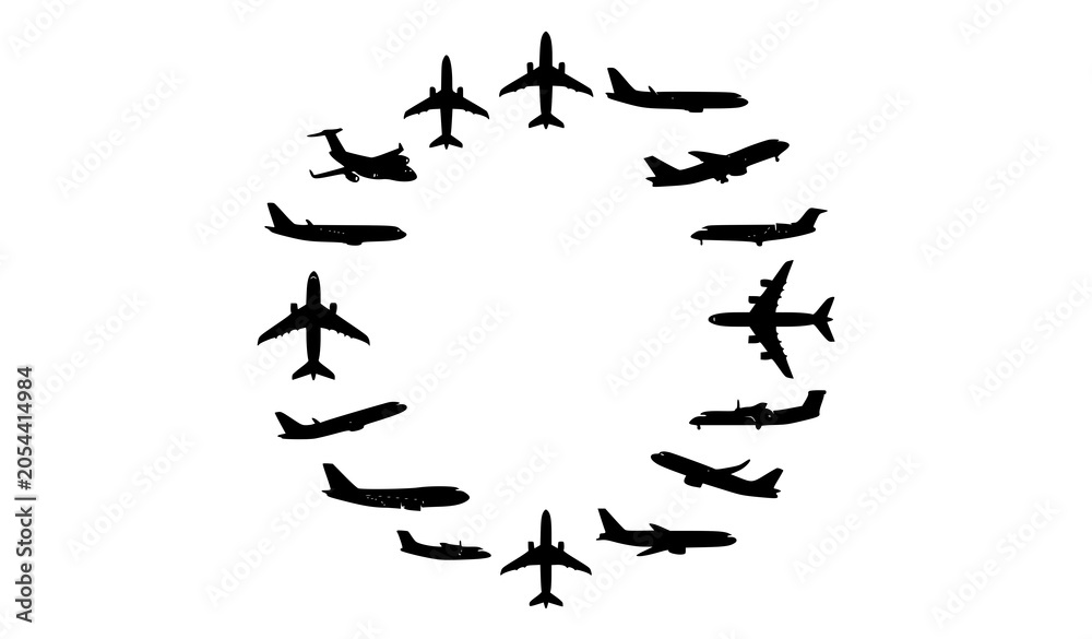 Fototapeta premium Modern Airplane Silhouette Vector Set with Flying Jet Icons in Black on White Background