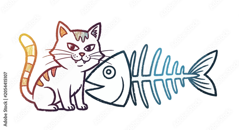 Obraz premium Cute Cartoon Cat with Fish Skeleton Illustration
