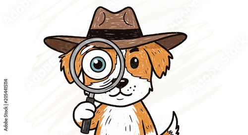 Cute Cartoon Detective Dog Holding Magnifying Glass Illustration