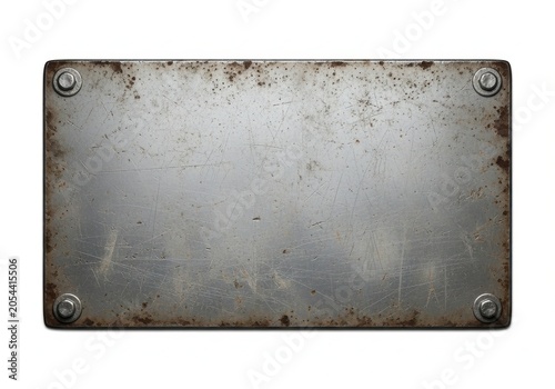 Rectangular metal plate with rust spots and bolts at corners isolated on a clean white background