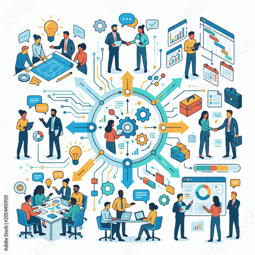 Image depicting a colorful illustration of business professionals engaged in various collaborative activities and strategies, centered around a circular diagram of gears and data flow
