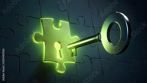Glowing green puzzle piece with key unlocking keyhole representing business solution strategy and finding the missing answer