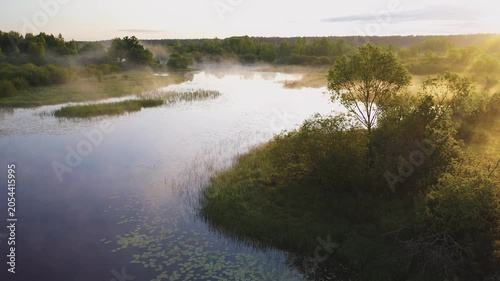 Tranquil river sunrise with misty fog and bright sun shining through foliage
