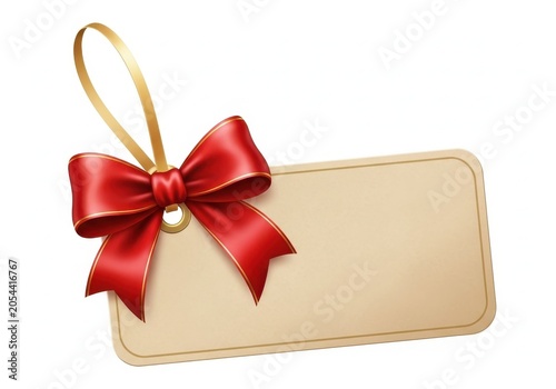Gift tag with red ribbon and gold loop isolated on white background for holiday marketing campaigns
