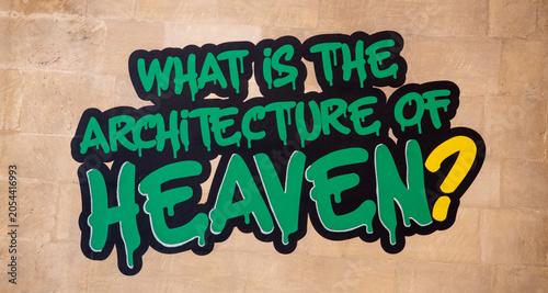 Quadro em tela Green graffiti question text painted on stone wall in outdoor setting