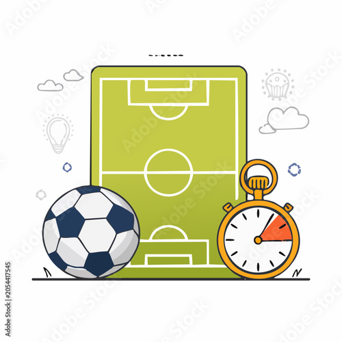 Soccer Field, Ball, and Stopwatch Illustration