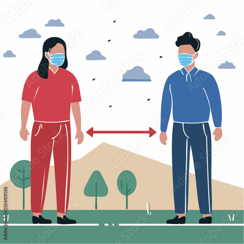 Social Distancing Illustration: Two People Wearing Masks Maintain Distance