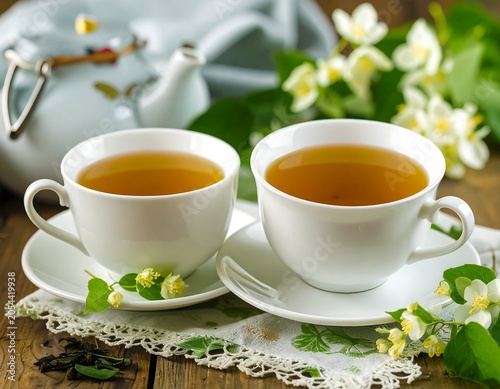 Two white teacups with saucers sit on a cloth, filled with tea. A teapot and jasmine flowers are in the background
