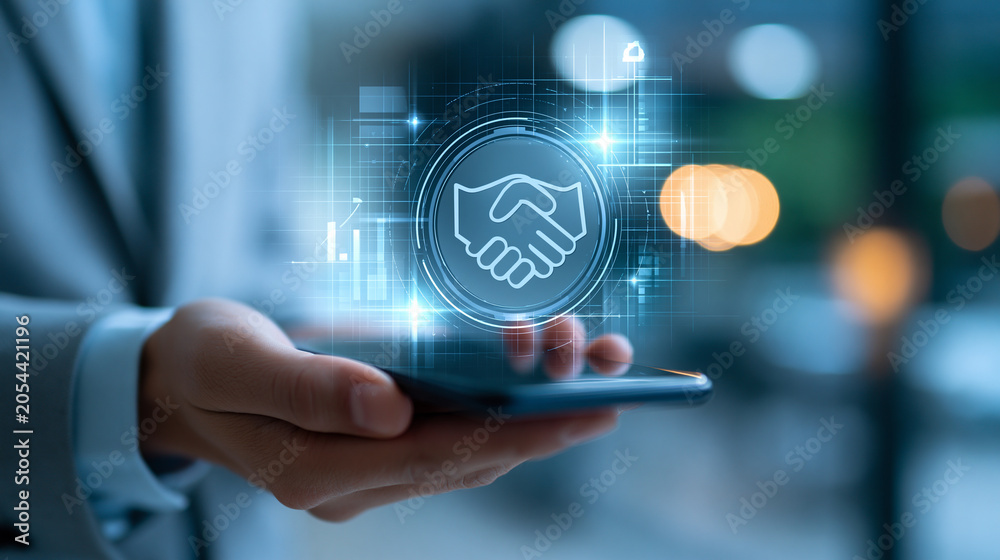 Fototapeta premium Faceless hand holds smartphone with graphic showing trusted partner symbol above device in modern setting, partnership symbol, mobile interface, trust concept, with copy space