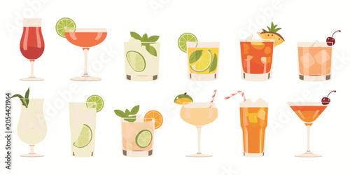 Schilderij op canvas Collection of eleven colorful flat cocktails with garnishes