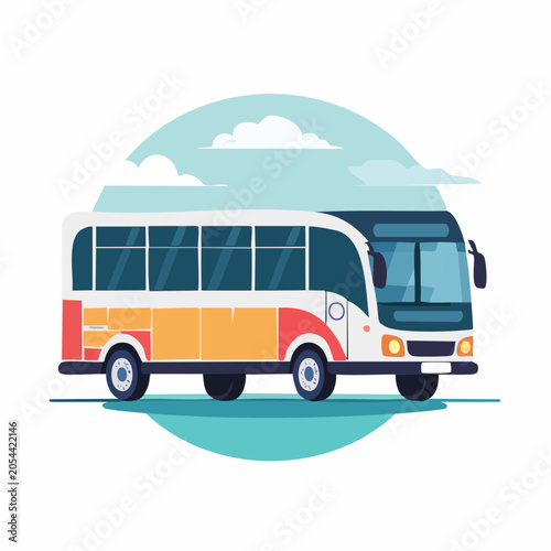 Illustration of a colorful bus with clouds and sky background