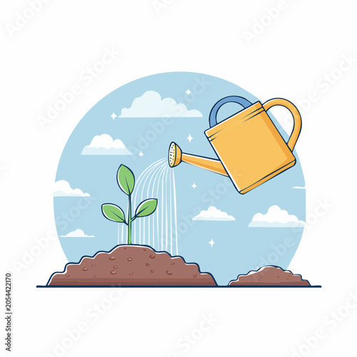 Illustration of a plant seedling being watered from a watering can