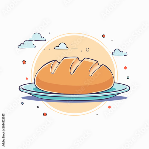 Stylized Loaf of Bread on a Plate with Clouds