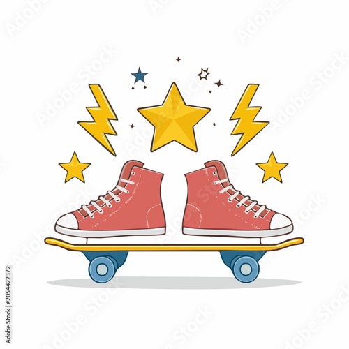 Retro Skateboard with High-Top Sneakers and Stars