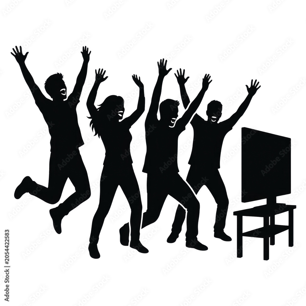 Fototapeta premium Silhouette of Four People Cheering in Front of TV