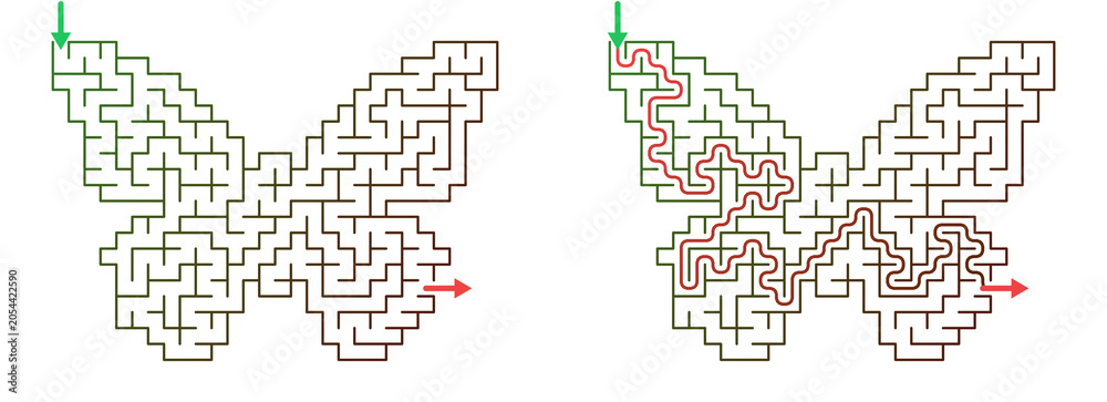 Fototapeta premium Butterfly-shaped maze with solution highlighted in red lines