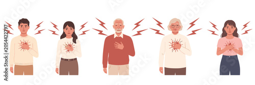 Five people of different ages experiencing chest pain with red lightning symbols