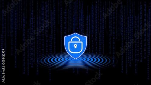 Blue shield with lock icon on falling binary code. Safe blue shield with lock icon for anti virus defense. Tech blue shield with lock icon background.