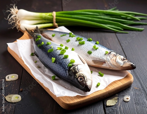 Two whole fish on parchment atop a wooden board. Fresh green onions tied with twine sit beside them