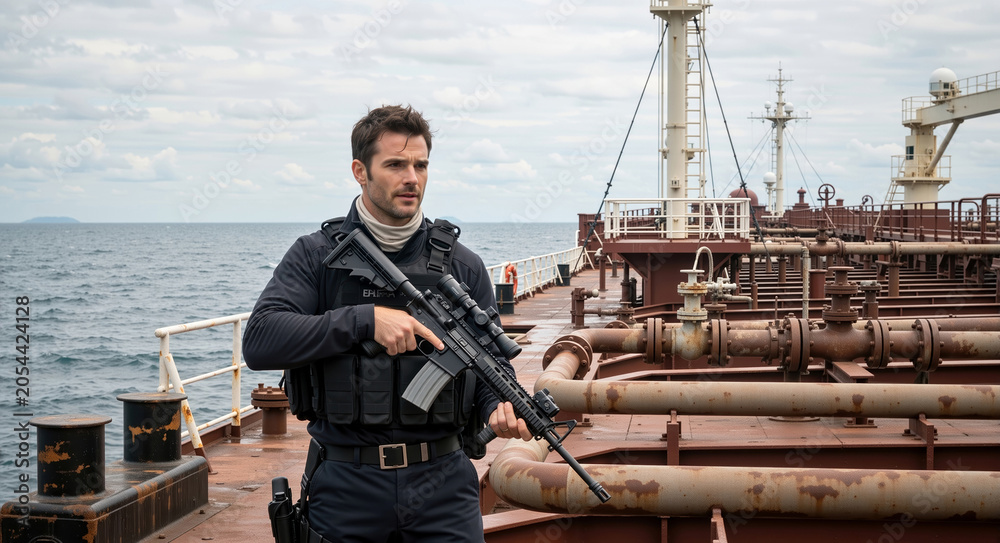 Fototapeta premium Armed soldier in tactical gear holding a rifle on a ship deck at sea. Maritime security guard on an anti-piracy mission on tanker