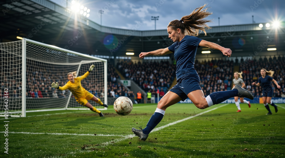 Naklejka premium Female soccer player kicking ball towards goal in stadium. Professional athlete scoring a goal during a woman football match. Sports competition concept