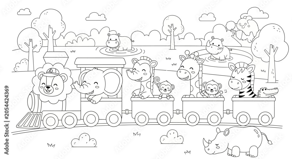 Fototapeta premium Cute cartoon animals on a train, line art coloring page for kids, safari adventure with lion, elephant, giraffe, zebra, rhino