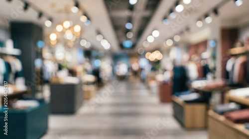 Blurred clothing store interior boutique retail shop fashion background bokeh light mall department store commercial space
