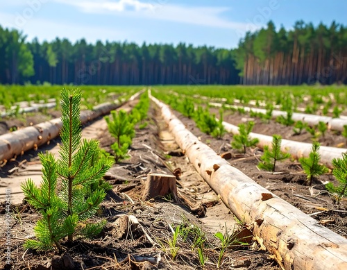 View of a young pine tree field with rows of seedlings, logs, and a blurred backdrop of a mature forest under a blue sky
