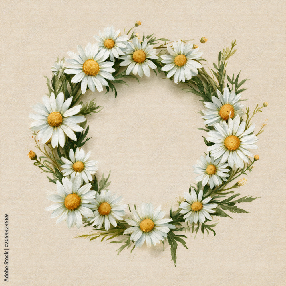 Obraz premium Daisy wreath made of fresh flowers arranged on a light background
